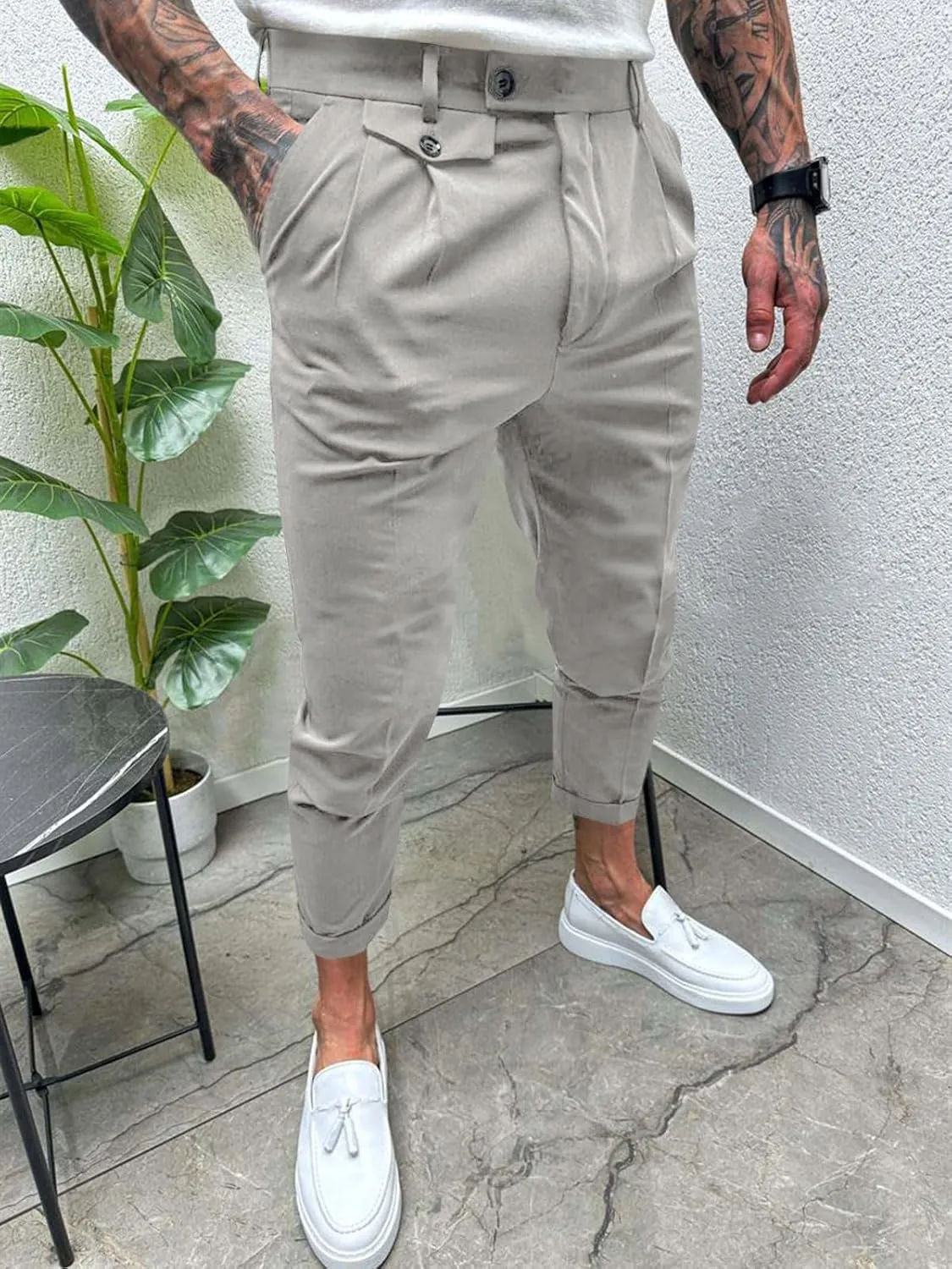 Runcati Mens Slim Fit Dress Pants Pleated Front Skinny Stretch Business Suit Trousers Classic Tapered Work Slacks