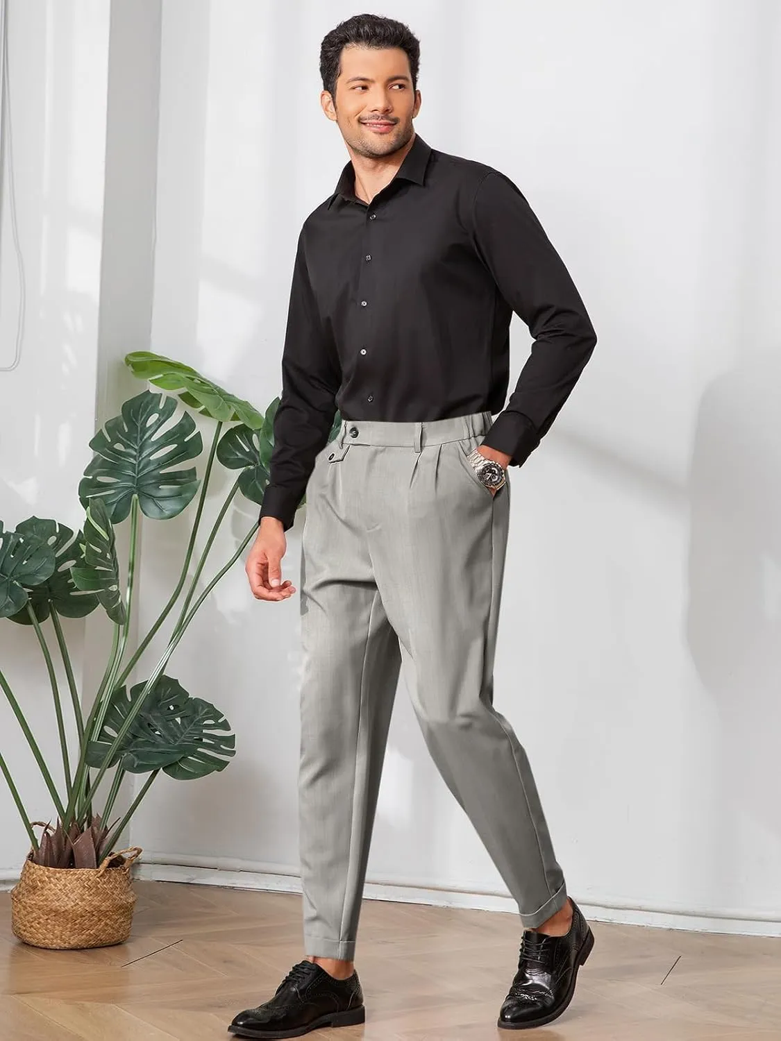 Runcati Mens Slim Fit Dress Pants Pleated Front Skinny Stretch Business Suit Trousers Classic Tapered Work Slacks