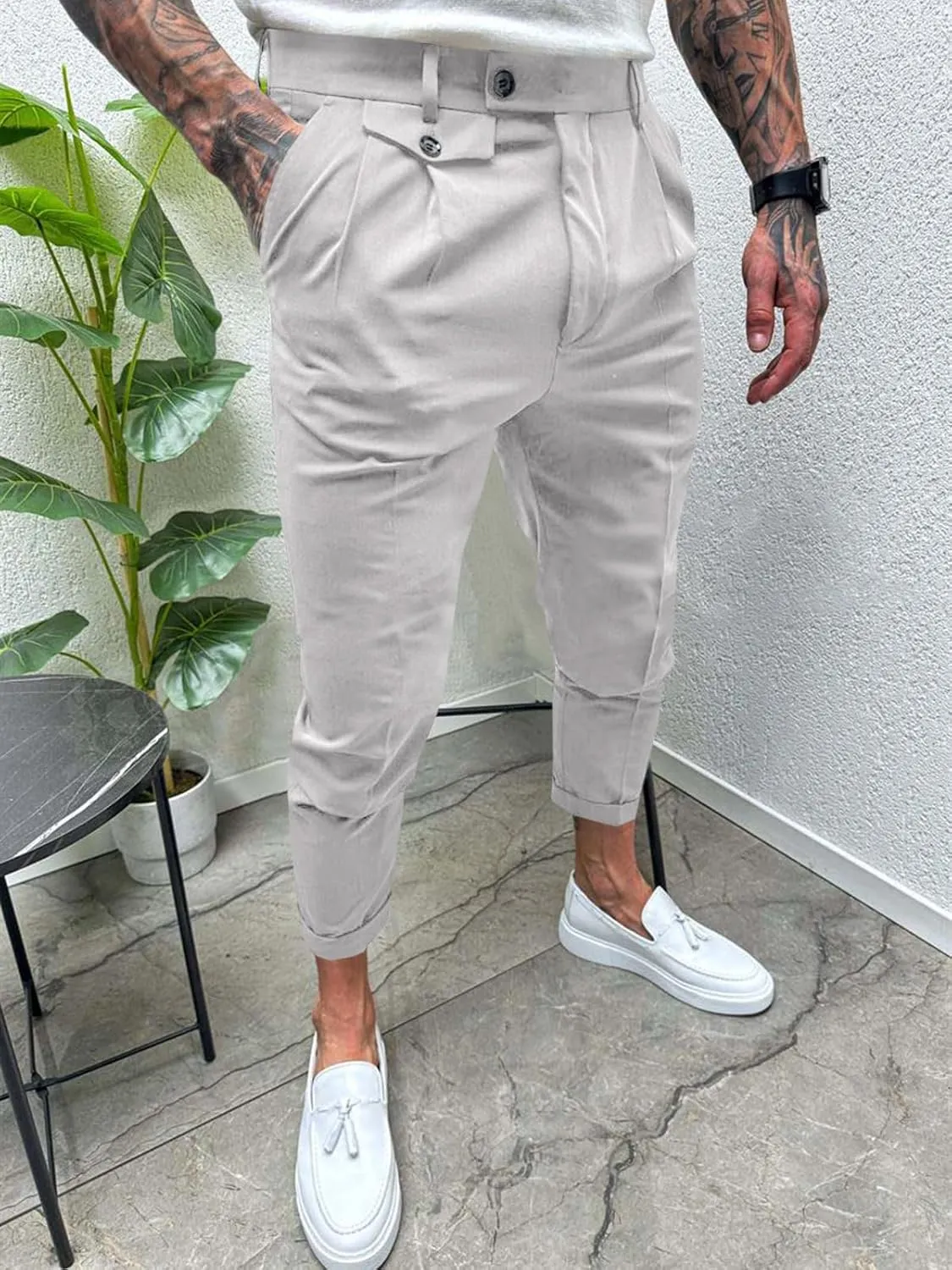 Runcati Mens Slim Fit Dress Pants Pleated Front Skinny Stretch Business Suit Trousers Classic Tapered Work Slacks