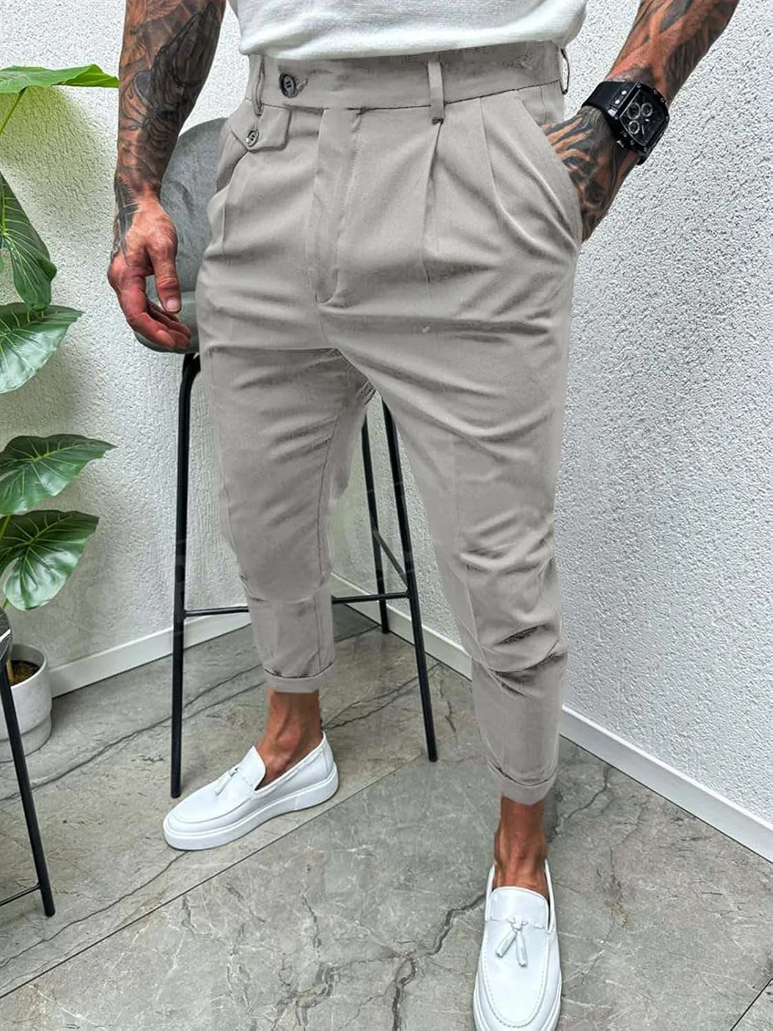 Runcati Mens Slim Fit Dress Pants Pleated Front Skinny Stretch Business Suit Trousers Classic Tapered Work Slacks