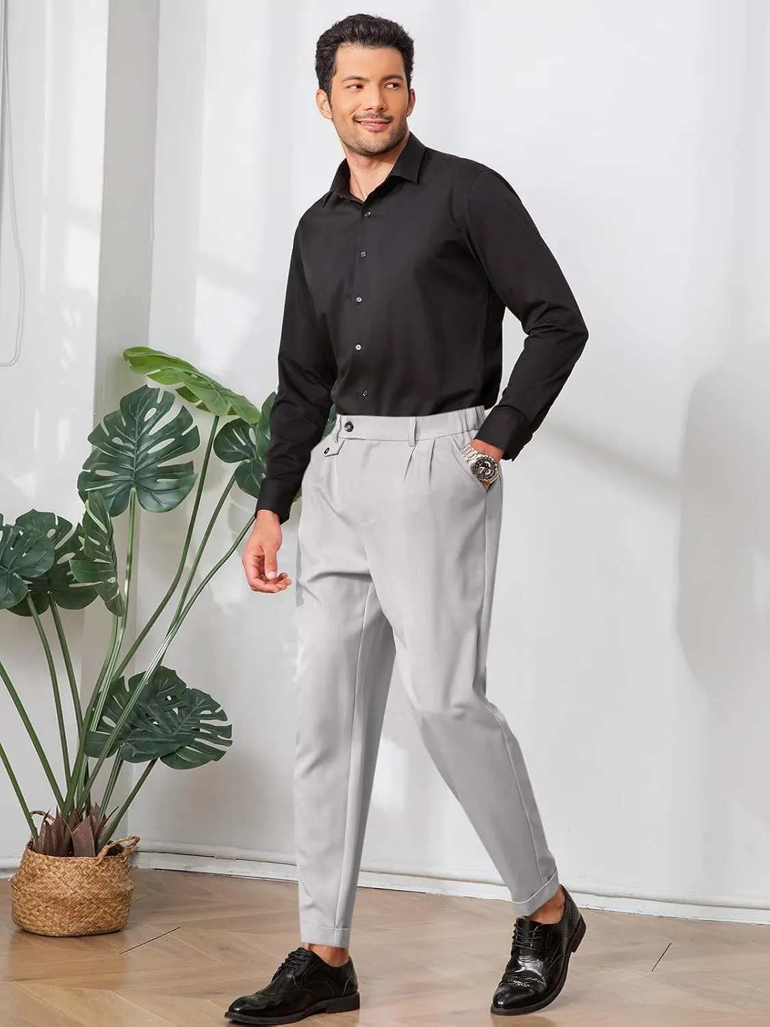 Runcati Mens Slim Fit Dress Pants Pleated Front Skinny Stretch Business Suit Trousers Classic Tapered Work Slacks