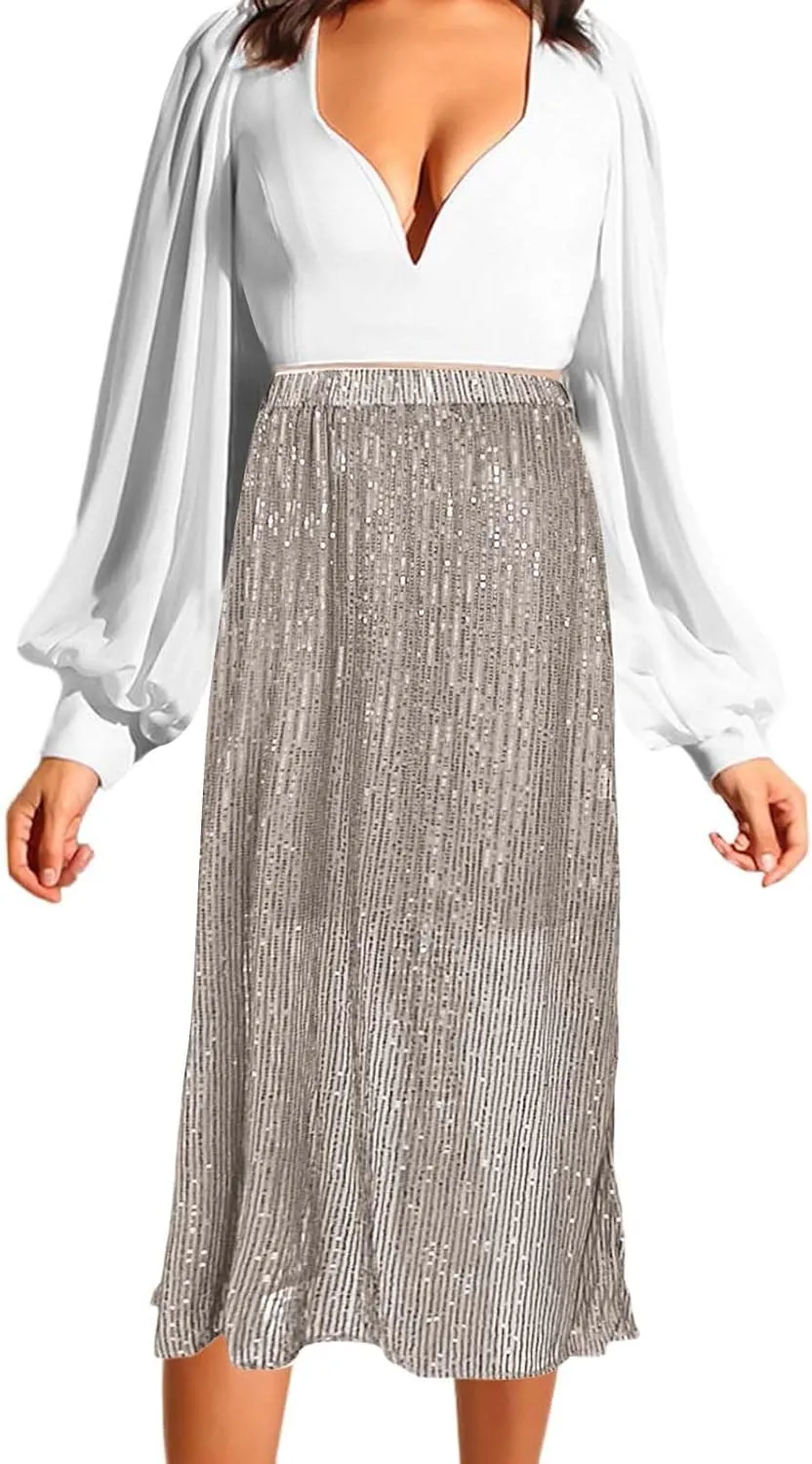 Sequin Skirt for Women-Stretchy Bodycon Women Elastic Waist Elastic Straight Long Skirt Swing A line Holiday Skirts