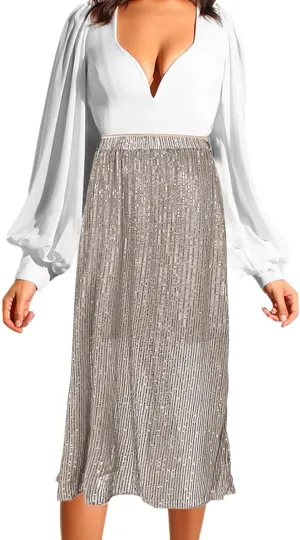Sequin Skirt for Women-Stretchy Bodycon Women Elastic Waist Elastic Straight Long Skirt Swing A line Holiday Skirts