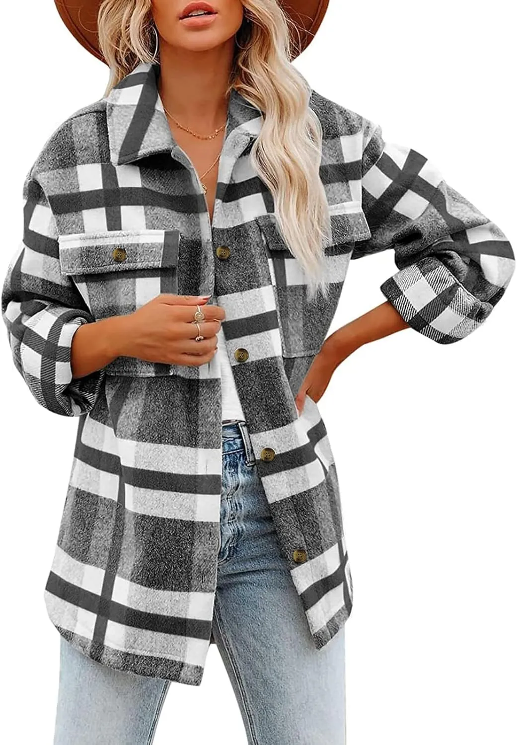 SHAOBGE Womens Plaid Shacket Fall Jacket Fleece Lined Button Down Peacoats Plaid Lapel Casual Coats Y2K Shirt Jackets 2023