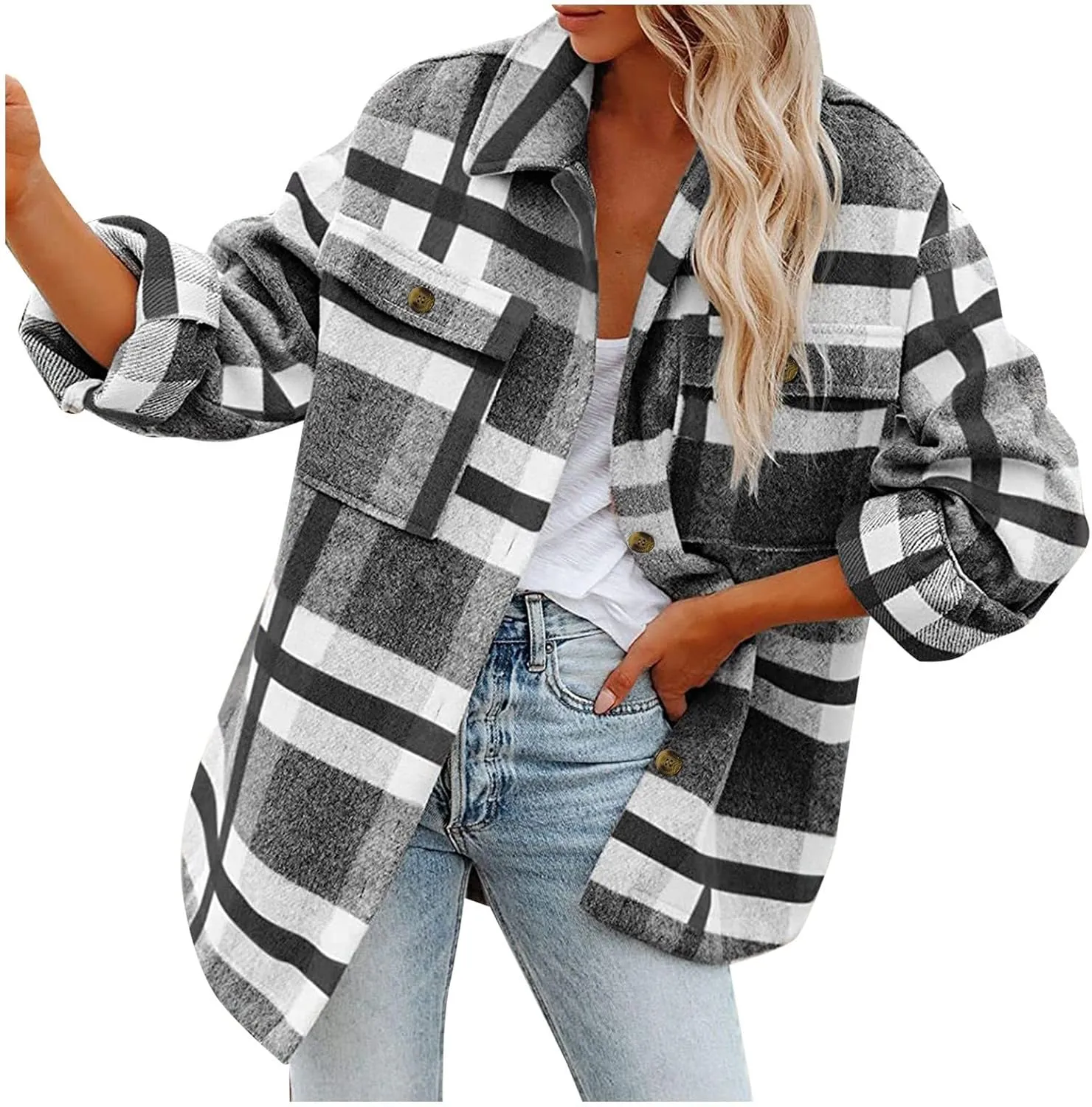 SHAOBGE Womens Plaid Shacket Fall Jacket Fleece Lined Button Down Peacoats Plaid Lapel Casual Coats Y2K Shirt Jackets 2023