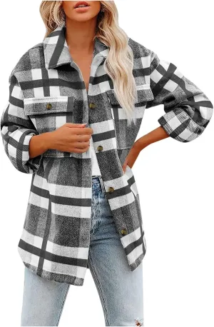 SHAOBGE Womens Plaid Shacket Fall Jacket Fleece Lined Button Down Peacoats Plaid Lapel Casual Coats Y2K Shirt Jackets 2023