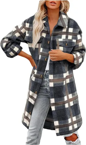 SHAOBGE Womens Plaid Shacket Fall Jacket Fleece Lined Button Down Peacoats Plaid Lapel Casual Coats Y2K Shirt Jackets 2023