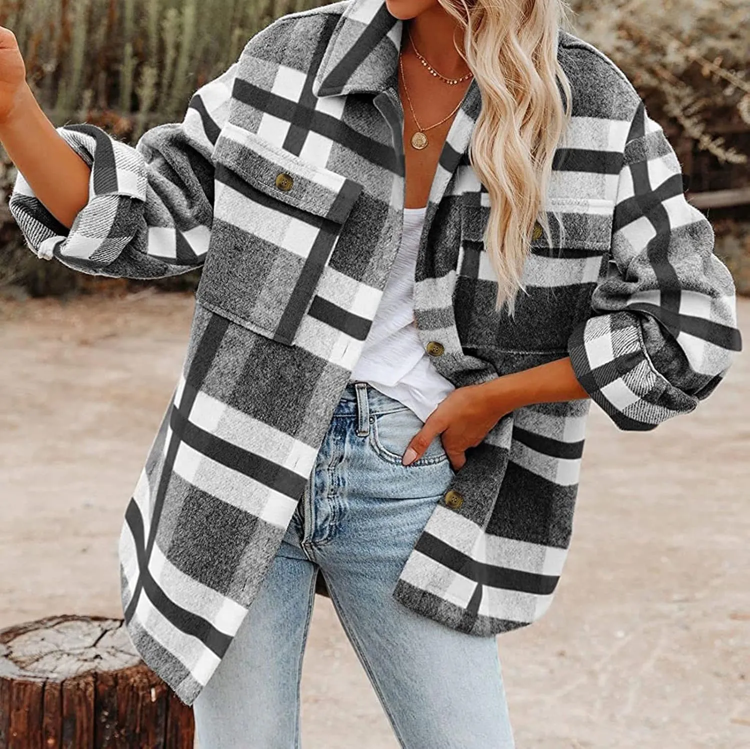 SHAOBGE Womens Plaid Shacket Fall Jacket Fleece Lined Button Down Peacoats Plaid Lapel Casual Coats Y2K Shirt Jackets 2023