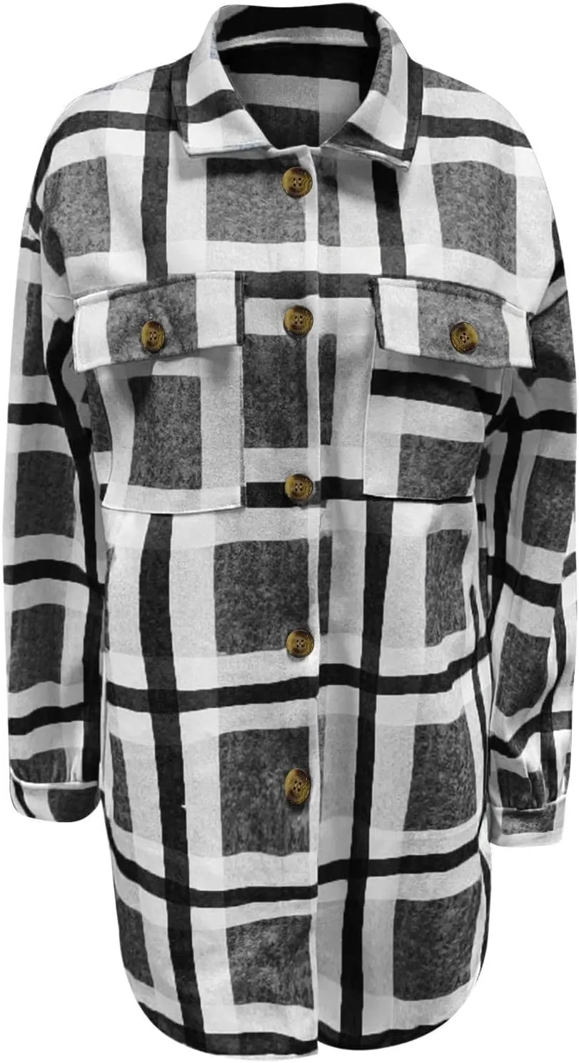 SHAOBGE Womens Plaid Shacket Fall Jacket Fleece Lined Button Down Peacoats Plaid Lapel Casual Coats Y2K Shirt Jackets 2023
