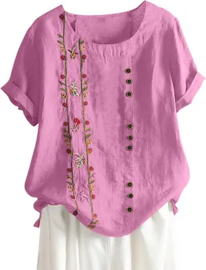 Shirts for Women Graphic Tees Cotton Linen Plus Size Tops Short Sleeve Button Down Blouses Summer Casual Shirts 2025