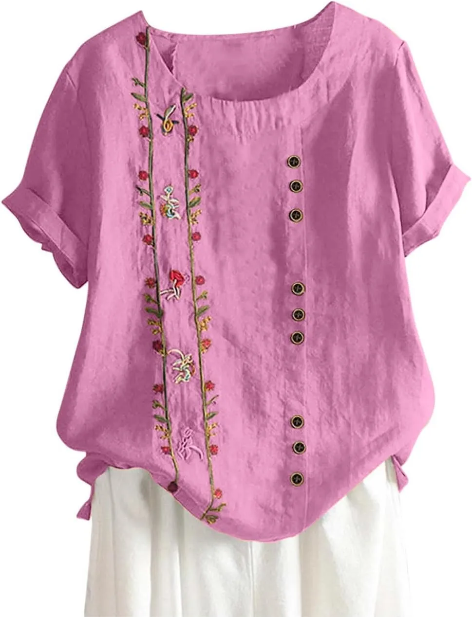 Shirts for Women Graphic Tees Cotton Linen Plus Size Tops Short Sleeve Button Down Blouses Summer Casual Shirts 2025