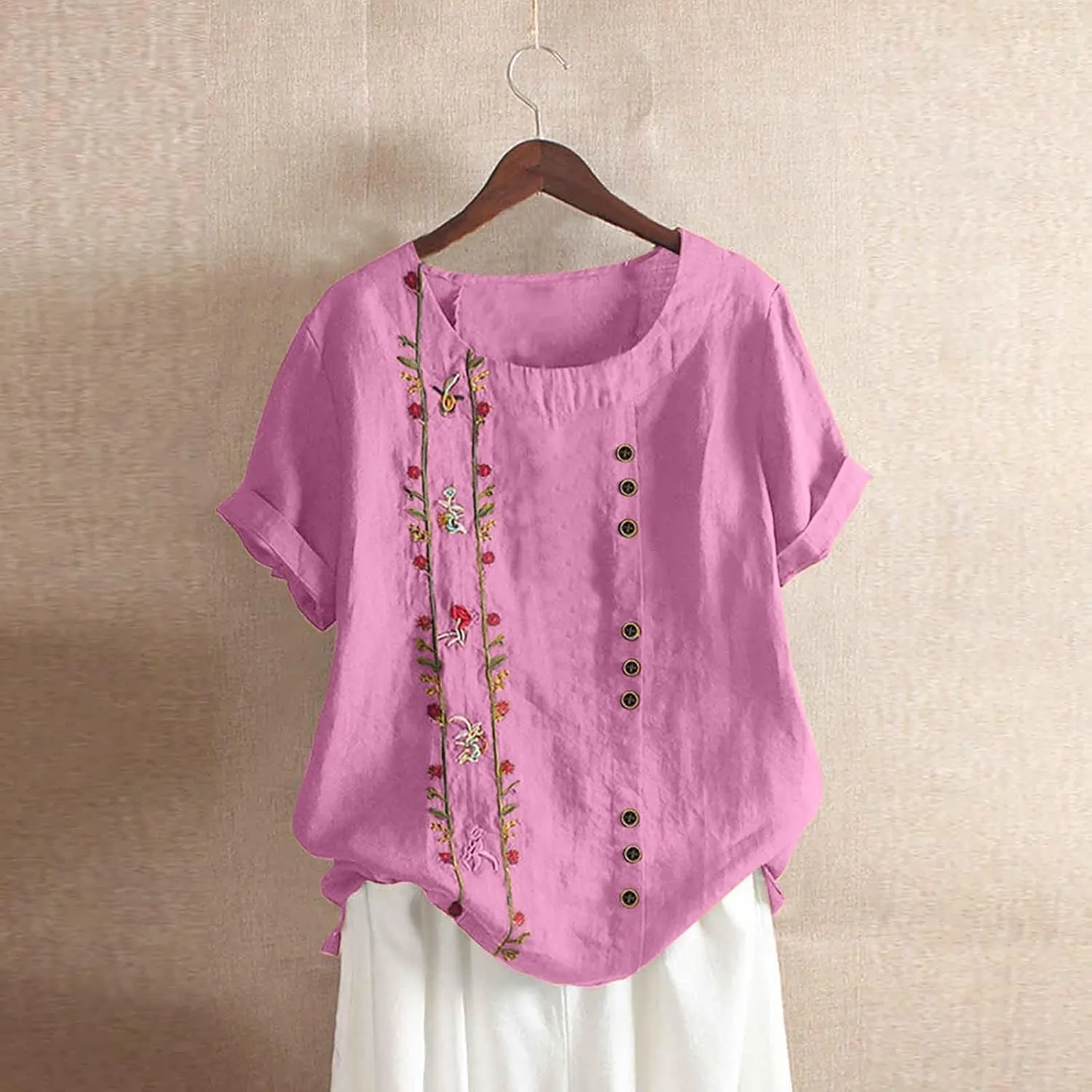 Shirts for Women Graphic Tees Cotton Linen Plus Size Tops Short Sleeve Button Down Blouses Summer Casual Shirts 2025