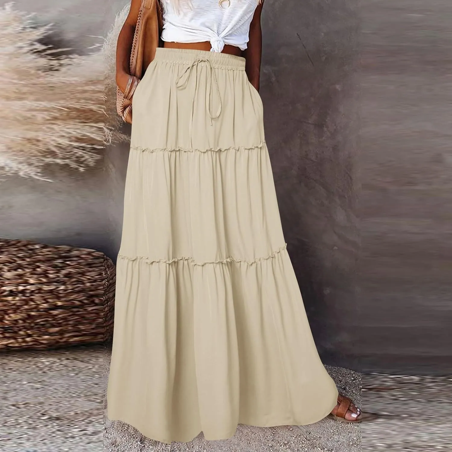 Skirts for Women Trendy Solid Travel Trendy Business Elastic Waist Festival Pleated Beach Swing Maxi Skirts for Women