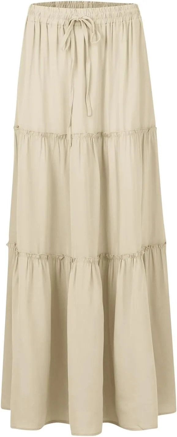 Skirts for Women Trendy Solid Travel Trendy Business Elastic Waist Festival Pleated Beach Swing Maxi Skirts for Women
