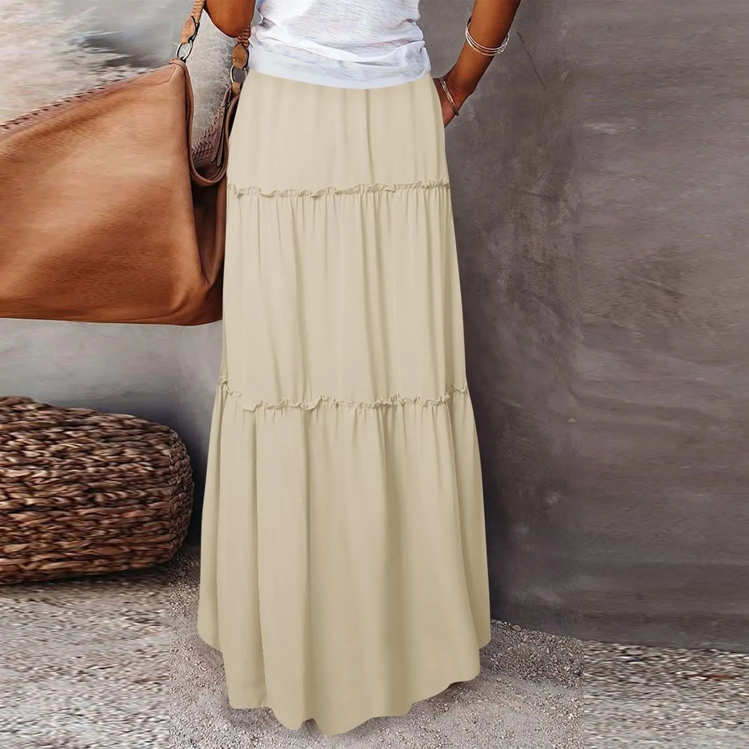 Skirts for Women Trendy Solid Travel Trendy Business Elastic Waist Festival Pleated Beach Swing Maxi Skirts for Women