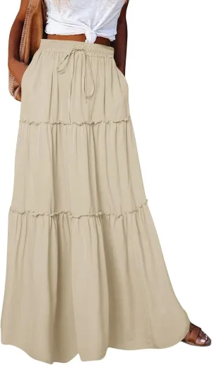 Skirts for Women Trendy Solid Travel Trendy Business Elastic Waist Festival Pleated Beach Swing Maxi Skirts for Women