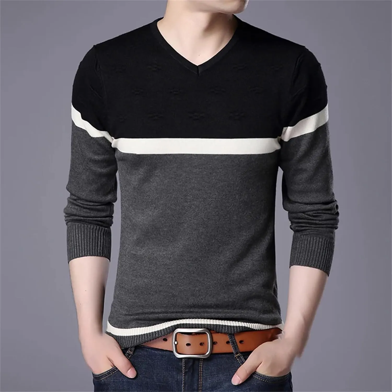 Spring Autumn Men V Neck Casual Slim Fit Knitted Sweaters Long Sleeve Thin Knitted Pullovers Tops