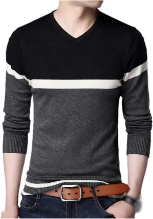 Spring Autumn Men V Neck Casual Slim Fit Knitted Sweaters Long Sleeve Thin Knitted Pullovers Tops