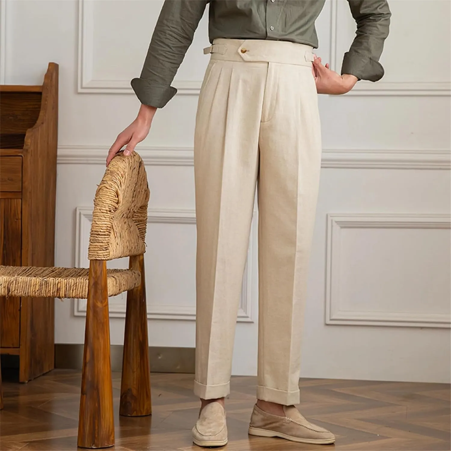 Spring Casual Straight Pants Men's Cotton and Linen Comfortable Breathable High Waist Pants
