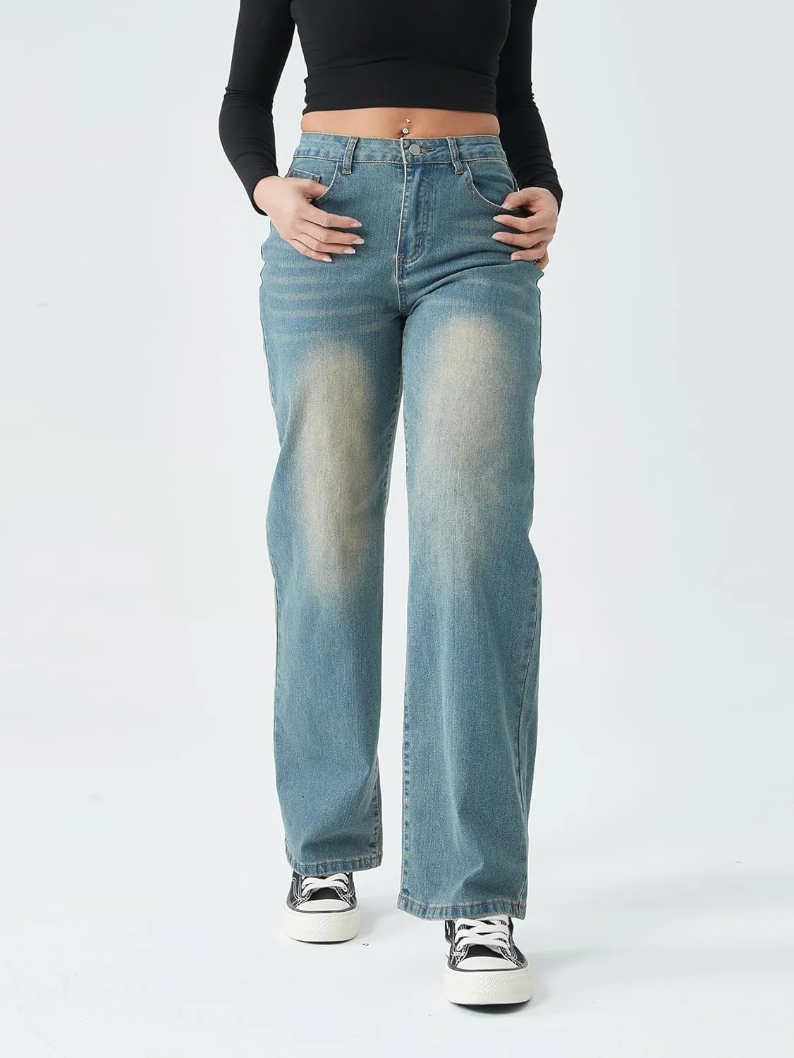 Straight Leg Jeans for Women,High Waisted Wide Leg Loose Stretchy Boyfriend Denim Pants Baggy Jeans for Women