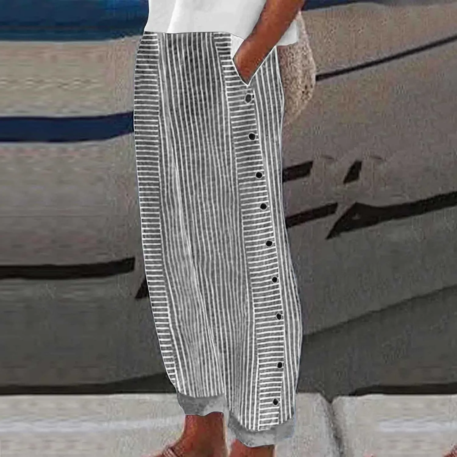 Striped Pants for Women Side Button Baggy Elastic Waist Straight Leg Trousers Beach Casual Pants with Pockets