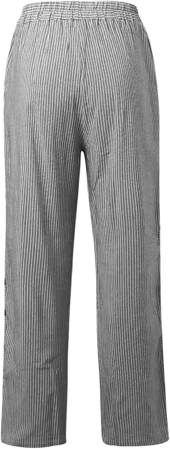 Striped Pants for Women Side Button Baggy Elastic Waist Straight Leg Trousers Beach Casual Pants with Pockets