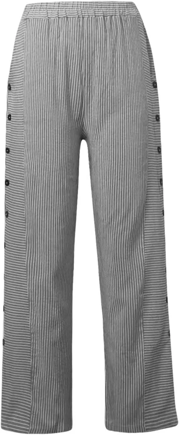 Striped Pants for Women Side Button Baggy Elastic Waist Straight Leg Trousers Beach Casual Pants with Pockets