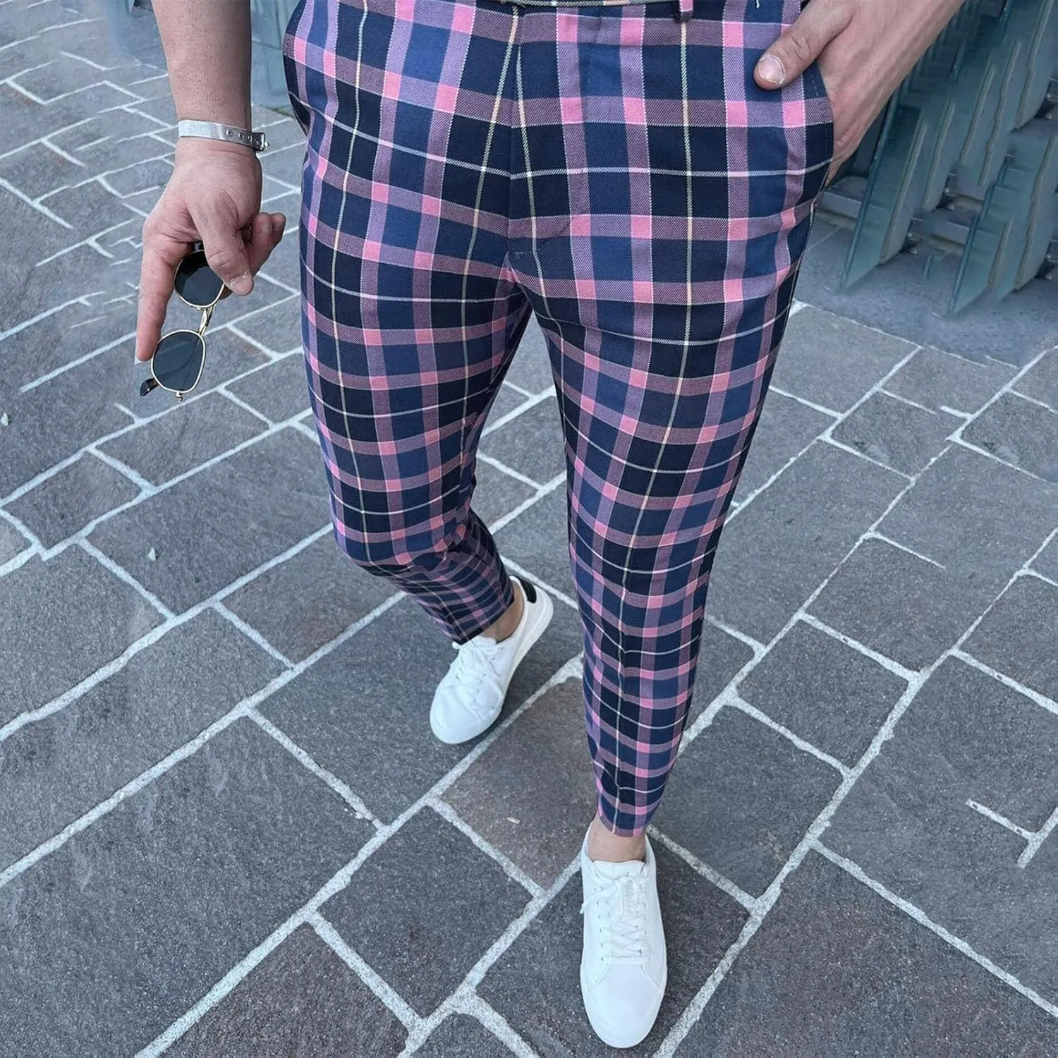 Suit Pants for Men's,Fashion Plaid Tweed Stretch Dress Pants Work Slacks Skinny Slim Fit Dress Trousers