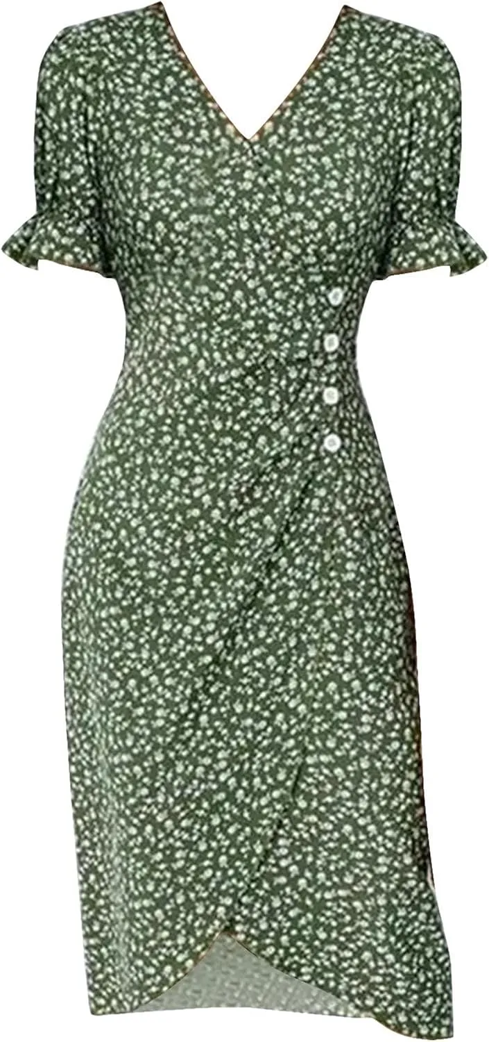 Summer Dresses for Women 2024 Spring Trendy Elegant Wrap V Neck Floral Boho Dress Flowy Ruched Hawaiian Beach Maxi