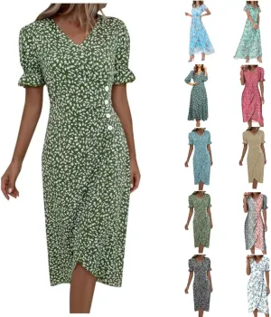 Summer Dresses for Women 2024 Spring Trendy Elegant Wrap V Neck Floral Boho Dress Flowy Ruched Hawaiian Beach Maxi