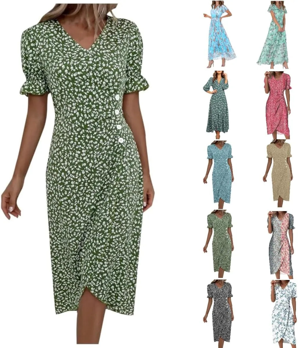 Summer Dresses for Women 2024 Spring Trendy Elegant Wrap V Neck Floral Boho Dress Flowy Ruched Hawaiian Beach Maxi