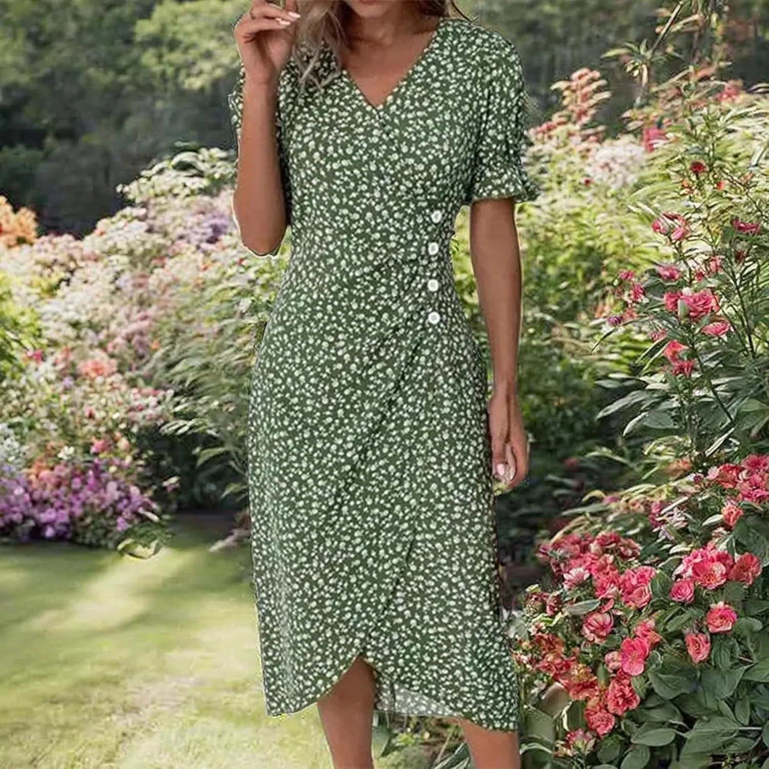 Summer Dresses for Women 2024 Spring Trendy Elegant Wrap V Neck Floral Boho Dress Flowy Ruched Hawaiian Beach Maxi