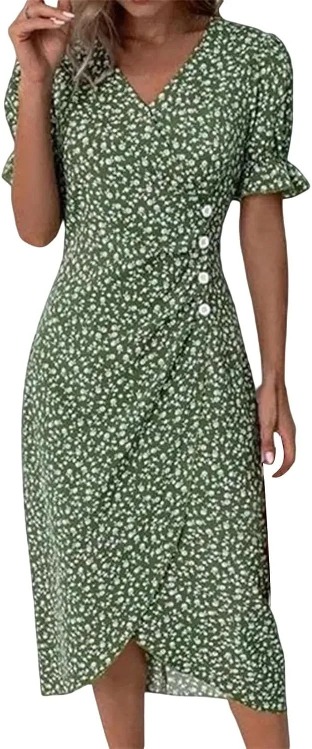 Summer Dresses for Women 2024 Spring Trendy Elegant Wrap V Neck Floral Boho Dress Flowy Ruched Hawaiian Beach Maxi