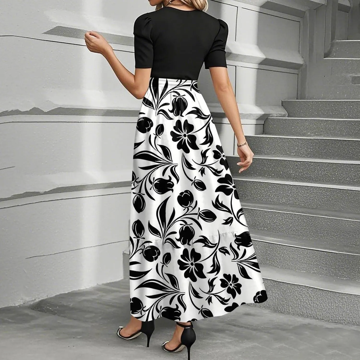 Summer Dresses for Women 2025 Floral Print Wrap Short Sleeve Dress Patchwork Ruffle Hem A Line Dress