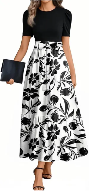 Summer Dresses for Women 2025 Floral Print Wrap Short Sleeve Dress Patchwork Ruffle Hem A Line Dress