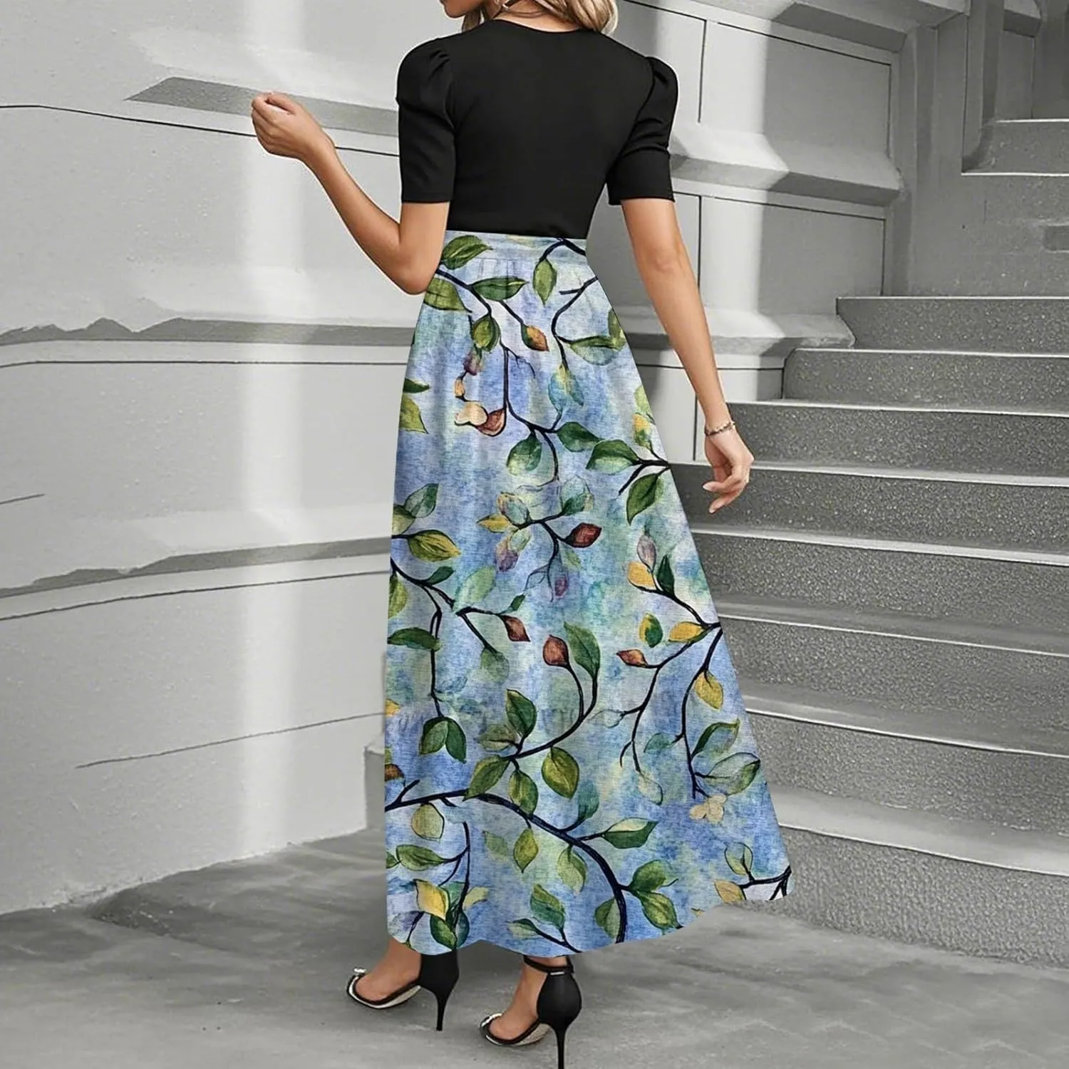 Summer Dresses for Women 2025 Floral Print Wrap Short Sleeve Dress Patchwork Ruffle Hem A Line Dress