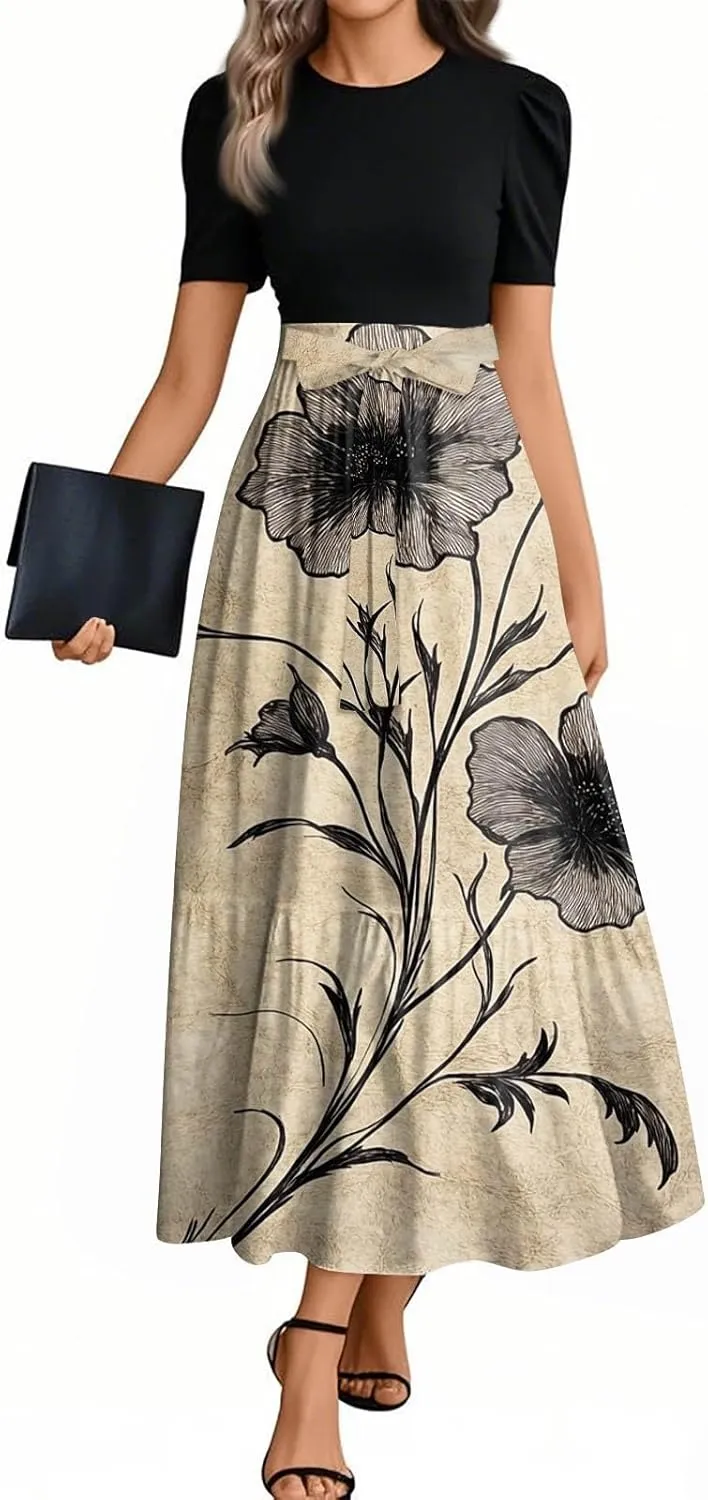 Summer Dresses for Women 2025 Floral Print Wrap Short Sleeve Dress Patchwork Ruffle Hem A Line Dress