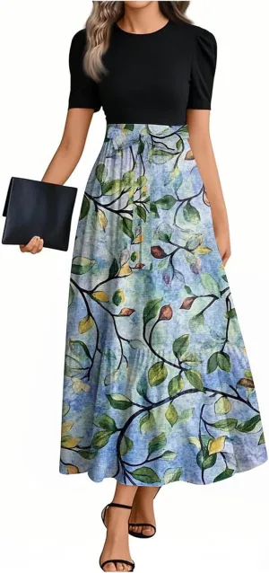 Summer Dresses for Women 2025 Floral Print Wrap Short Sleeve Dress Patchwork Ruffle Hem A Line Dress