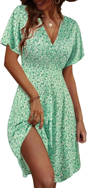 Summer Dresses for Women Floral Short Sleeve Wrap V Neck A-Line Midi Dress Boho Sundress Vacation Beach Outfits