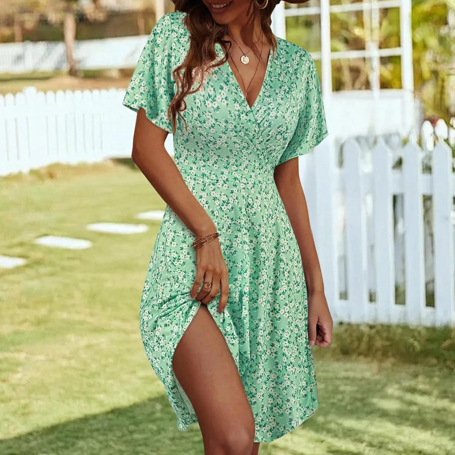 Summer Dresses for Women Floral Short Sleeve Wrap V Neck A-Line Midi Dress Boho Sundress Vacation Beach Outfits