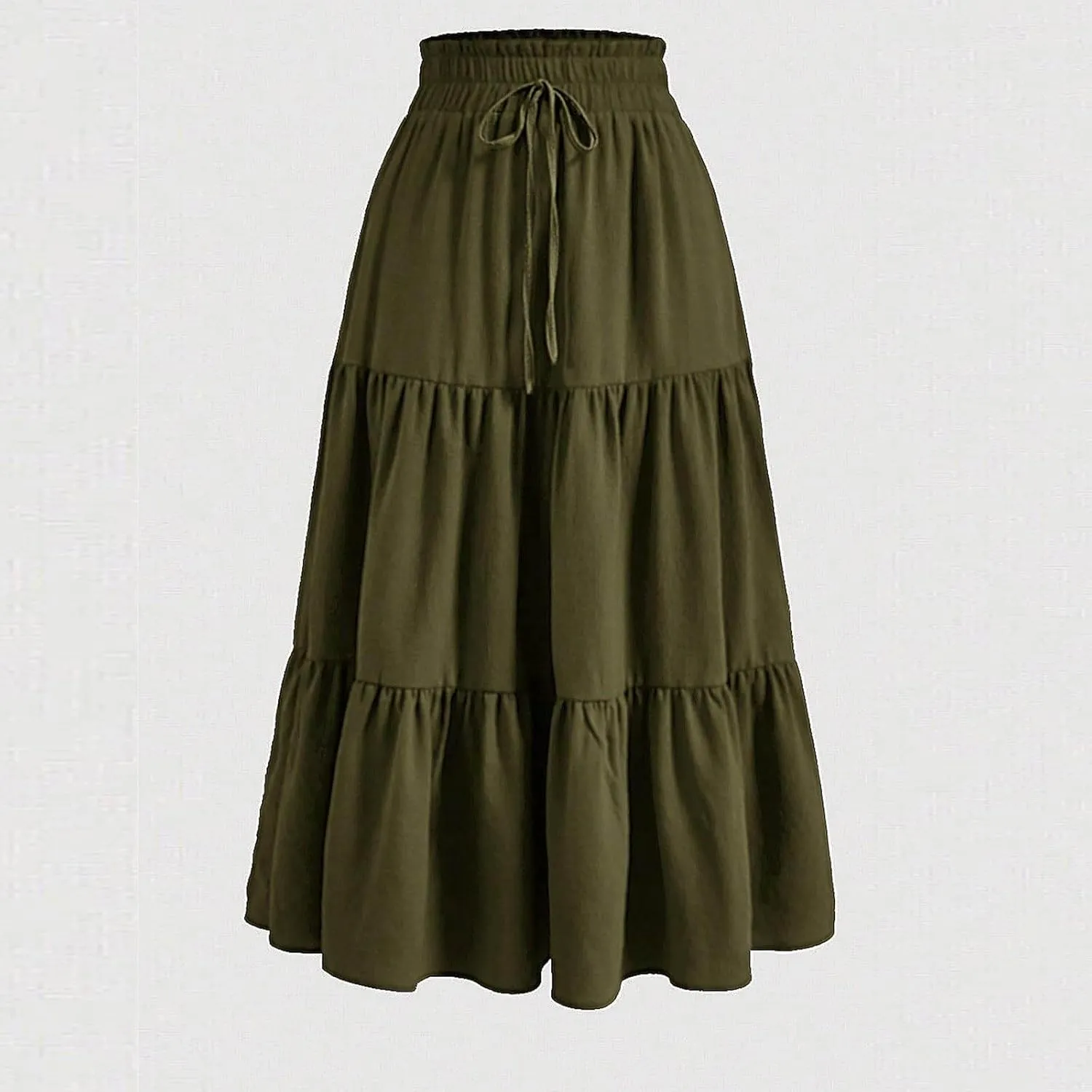 Summer Long Skirts for Women Casual Drawstring High Waist Lightweight Tiered Flowy Pleated Skirts with Pocket