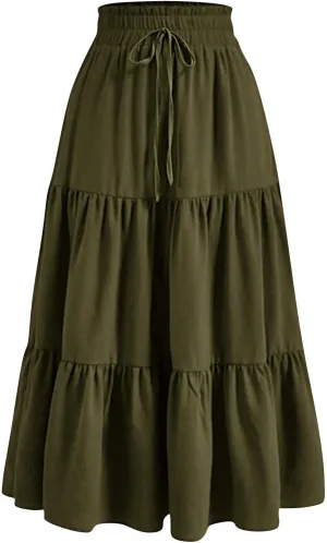 Summer Long Skirts for Women Casual Drawstring High Waist Lightweight Tiered Flowy Pleated Skirts with Pocket