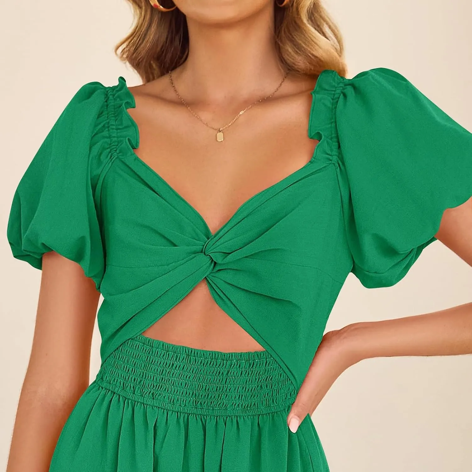 Summer Maxi Smocked Dresses for Women 2025 Vacation Cut Out Knot Long Flowy Tiered Short Puff Sleeve V Neck A Line Dress