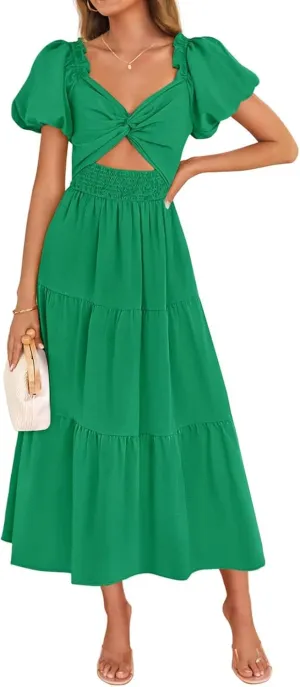 Summer Maxi Smocked Dresses for Women 2025 Vacation Cut Out Knot Long Flowy Tiered Short Puff Sleeve V Neck A Line Dress