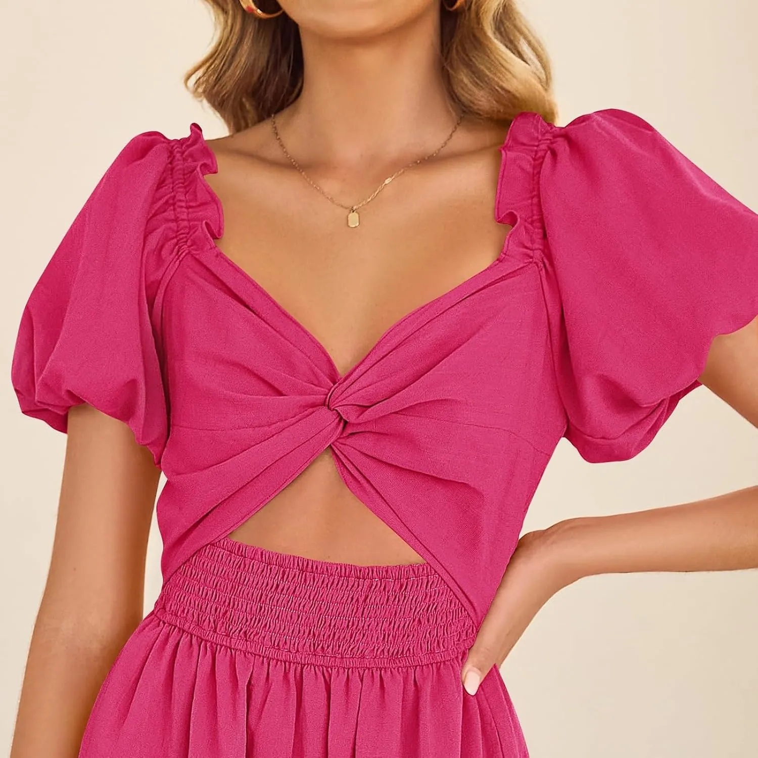 Summer Maxi Smocked Dresses for Women 2025 Vacation Cut Out Knot Long Flowy Tiered Short Puff Sleeve V Neck A Line Dress