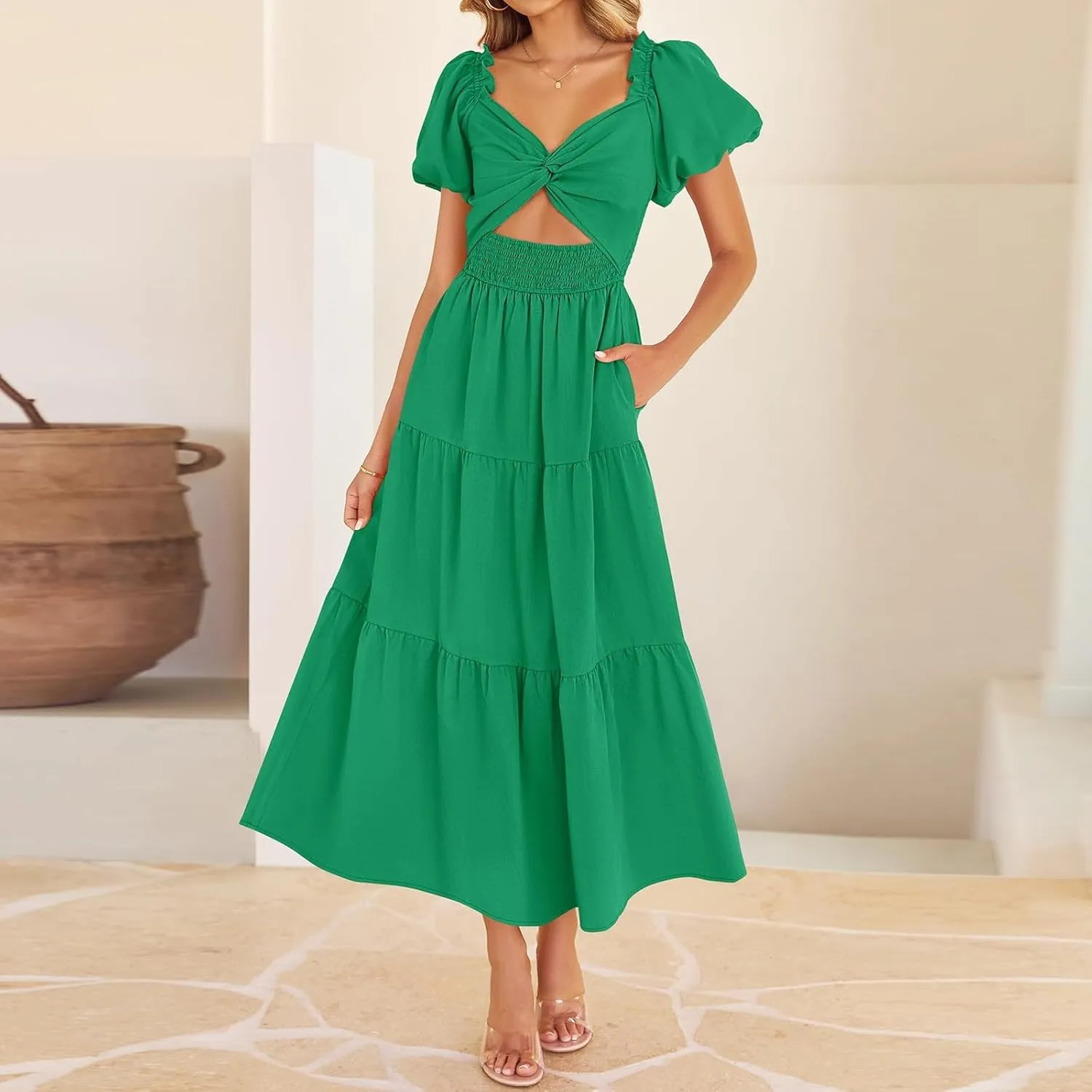Summer Maxi Smocked Dresses for Women 2025 Vacation Cut Out Knot Long Flowy Tiered Short Puff Sleeve V Neck A Line Dress