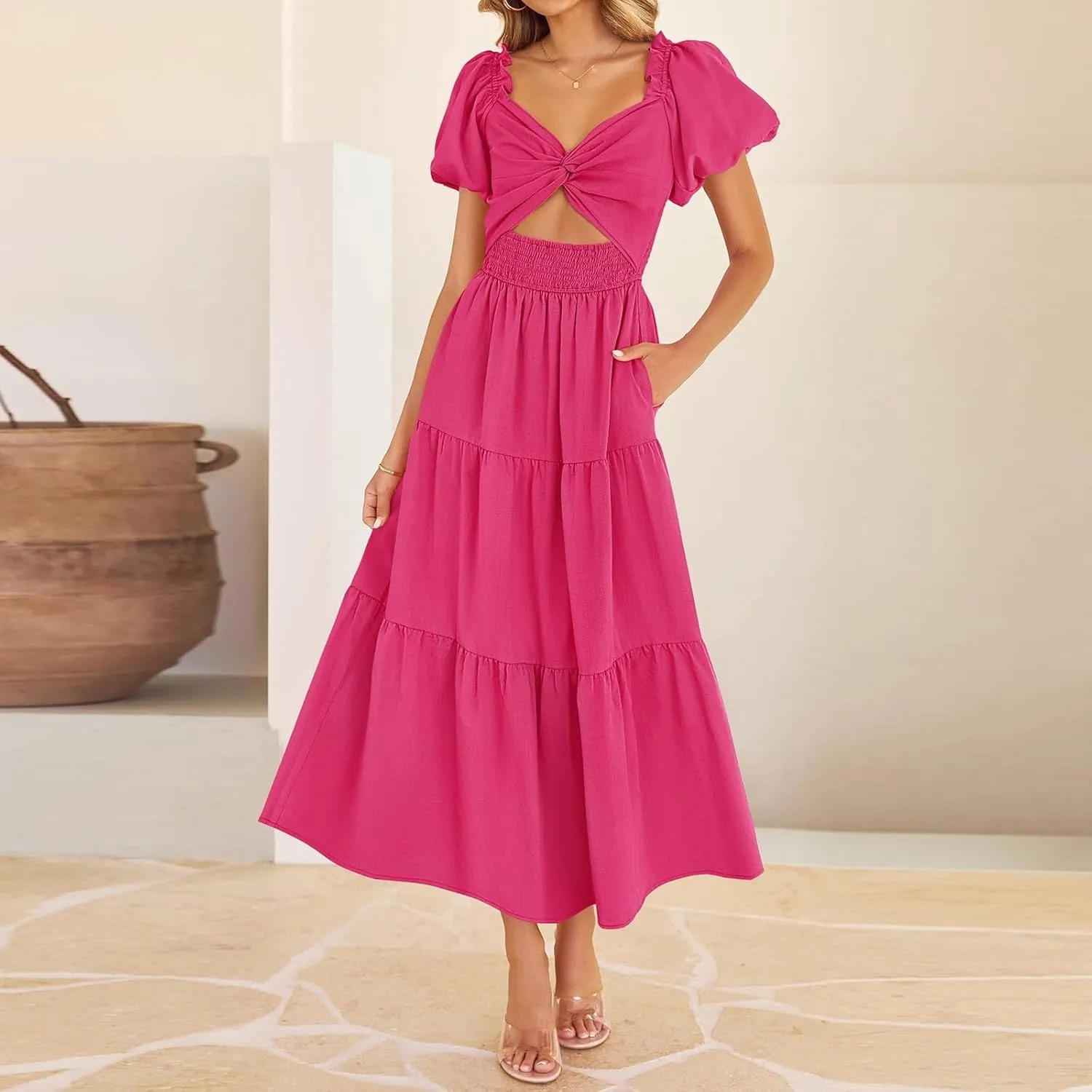 Summer Maxi Smocked Dresses for Women 2025 Vacation Cut Out Knot Long Flowy Tiered Short Puff Sleeve V Neck A Line Dress