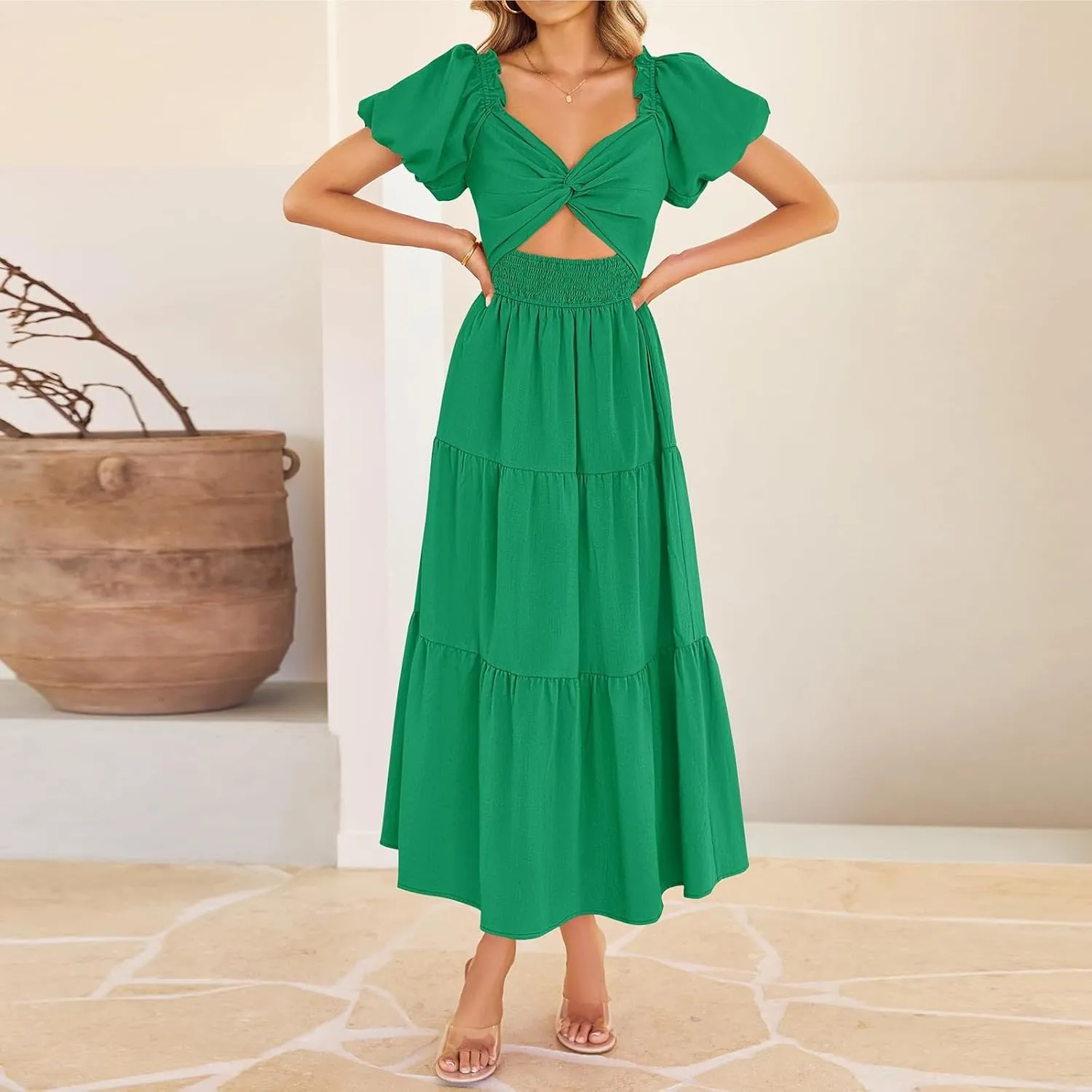 Summer Maxi Smocked Dresses for Women 2025 Vacation Cut Out Knot Long Flowy Tiered Short Puff Sleeve V Neck A Line Dress