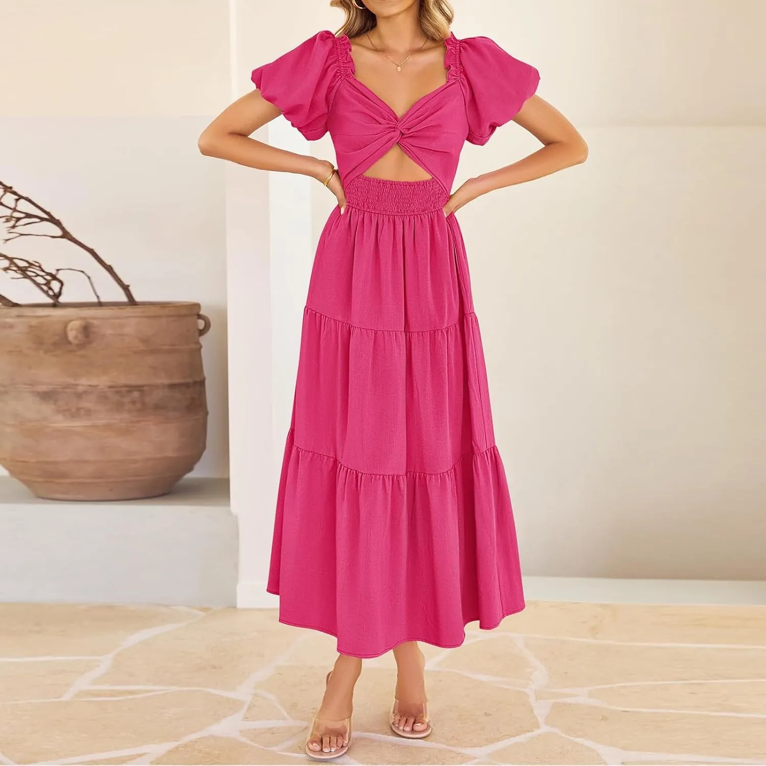 Summer Maxi Smocked Dresses for Women 2025 Vacation Cut Out Knot Long Flowy Tiered Short Puff Sleeve V Neck A Line Dress
