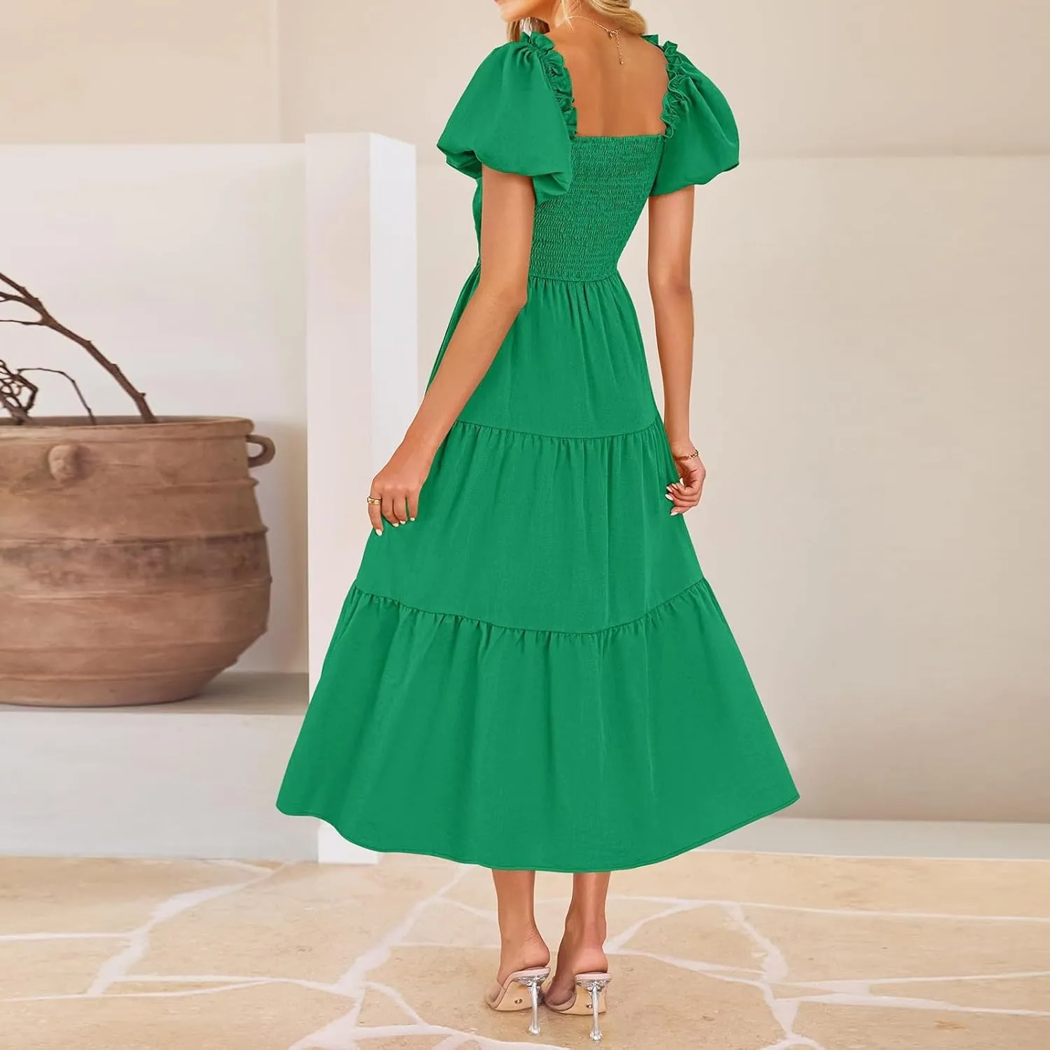 Summer Maxi Smocked Dresses for Women 2025 Vacation Cut Out Knot Long Flowy Tiered Short Puff Sleeve V Neck A Line Dress